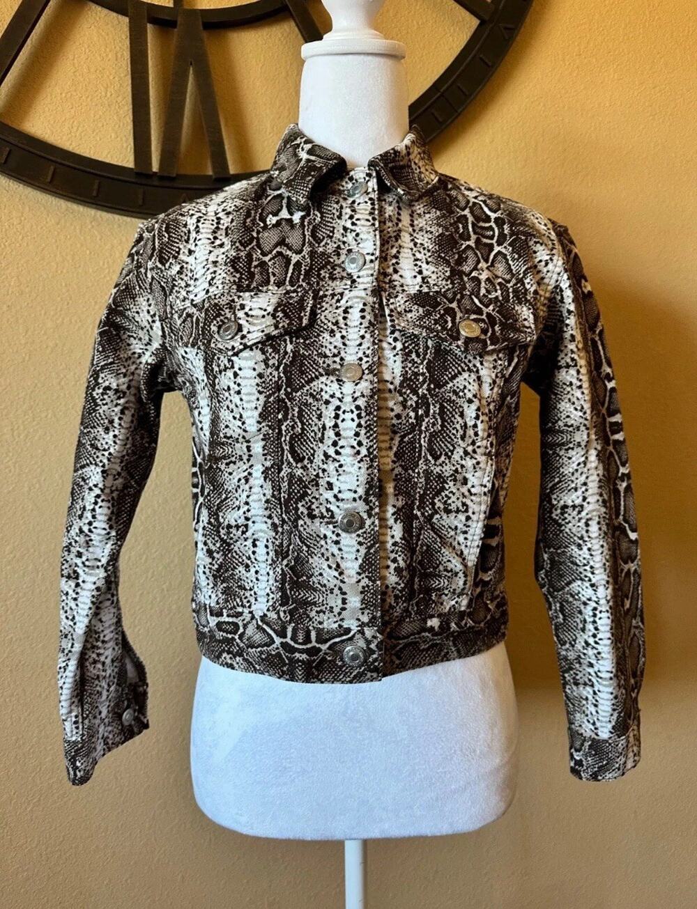 TOPSHOP MOTO SnakeSkin Print Brown Denim Trucker Cropped Jacket Womens Size 2